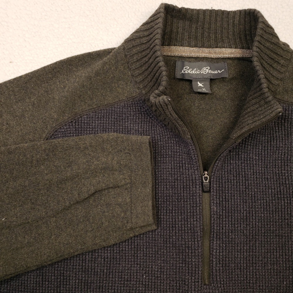 Eddie Bauer Quarter Zip Sweater Mens XL Olive Green Cotton Merino Wool